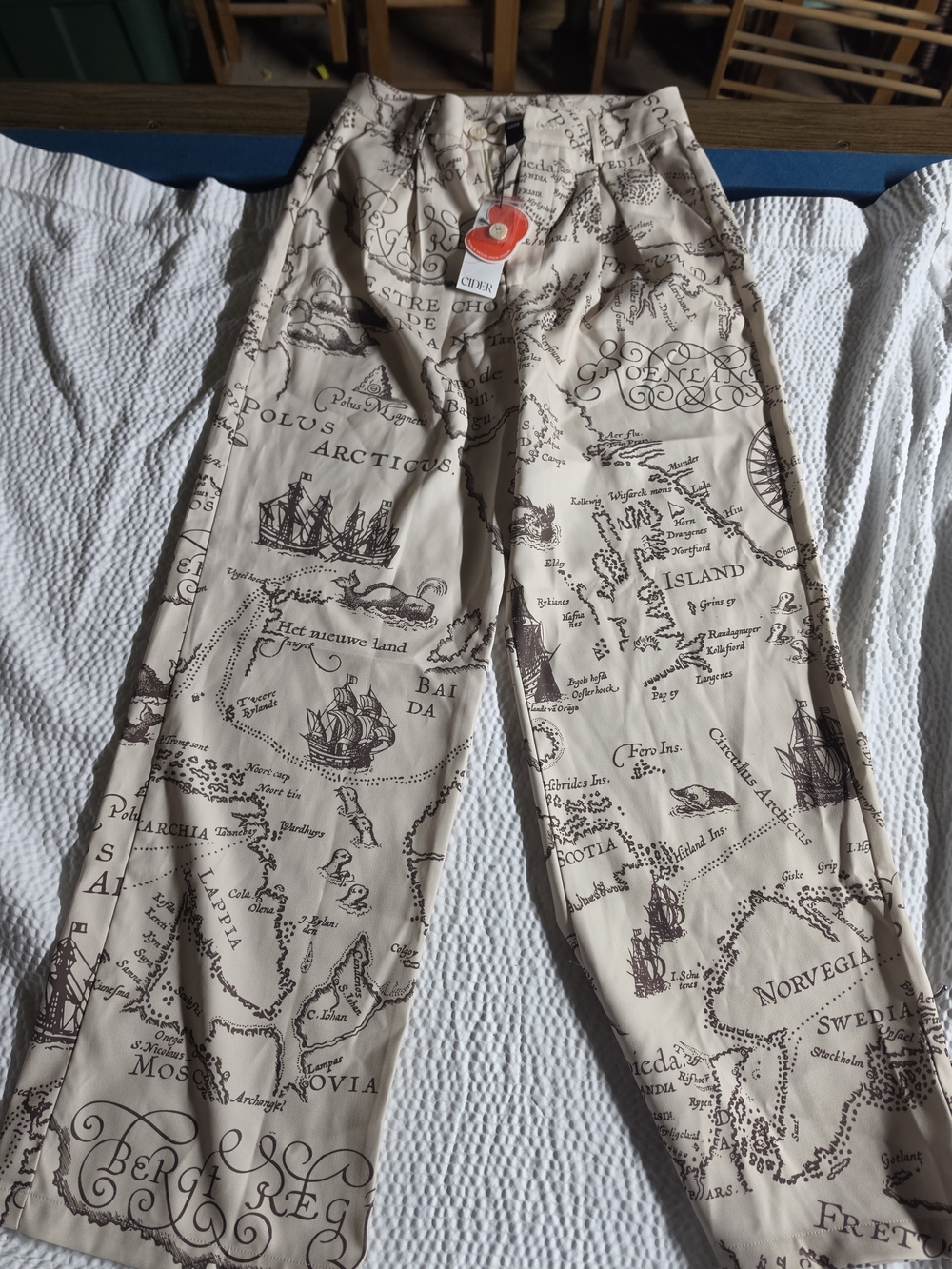 Cider Cream Map-Print Wide Leg Trousers